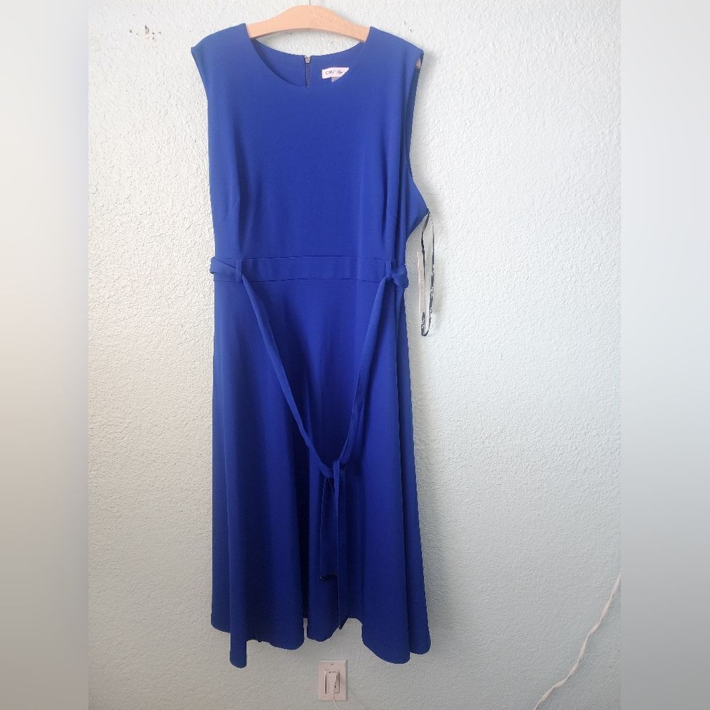 Calvin Klein A-Line Blue Tie Front Sleeveless Midi Dress New With Tags